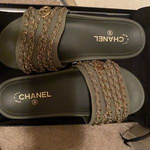 Chanel 100% authentic chain slides olive green